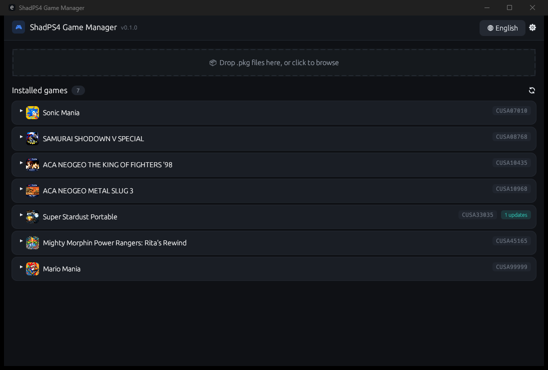 ShadPS4 Game Manager main window showing the installed games library with real game icons